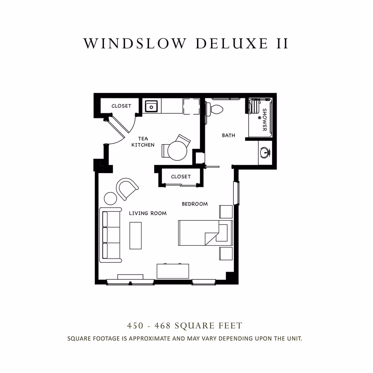 Floor plan labeled Windslow Deluxe II showing a layout with a living room, bedroom, bath with shower, tea kitchen, and two closets. The total area is approximately 450 to 468 square feet.