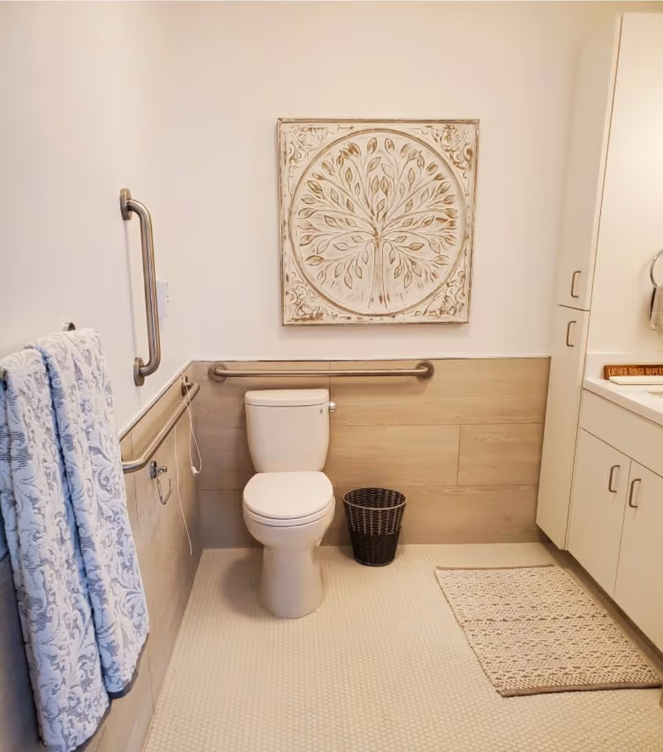 A clean and accessible bathroom with a white toilet, grab bars on the walls, a wicker wastebasket, a patterned beige rug, white cabinets with silver handles, and two blue patterned towels hanging on a towel rack. A decorative wall art featuring a tree design is mounted above the toilet.