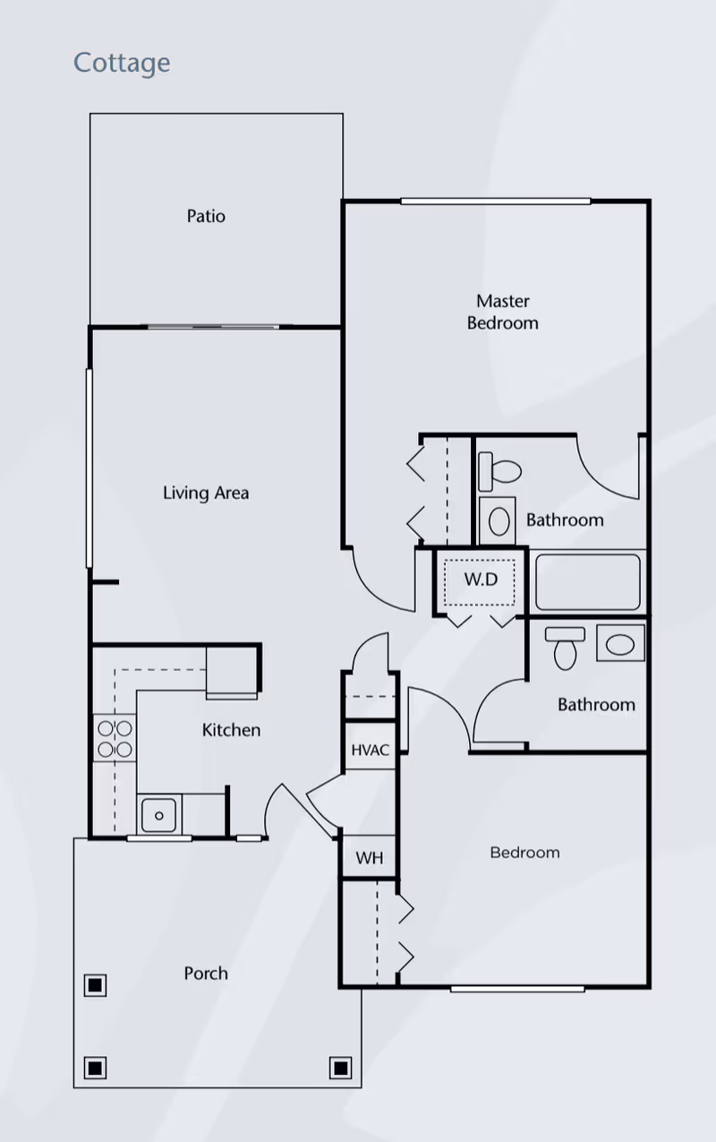 Floor plan of a cottage at Timber Pointe Senior Living showing a porch, kitchen, living area, patio, master bedroom with attached bathroom, second bedroom, second bathroom, HVAC, water heater, and washer/dryer area.