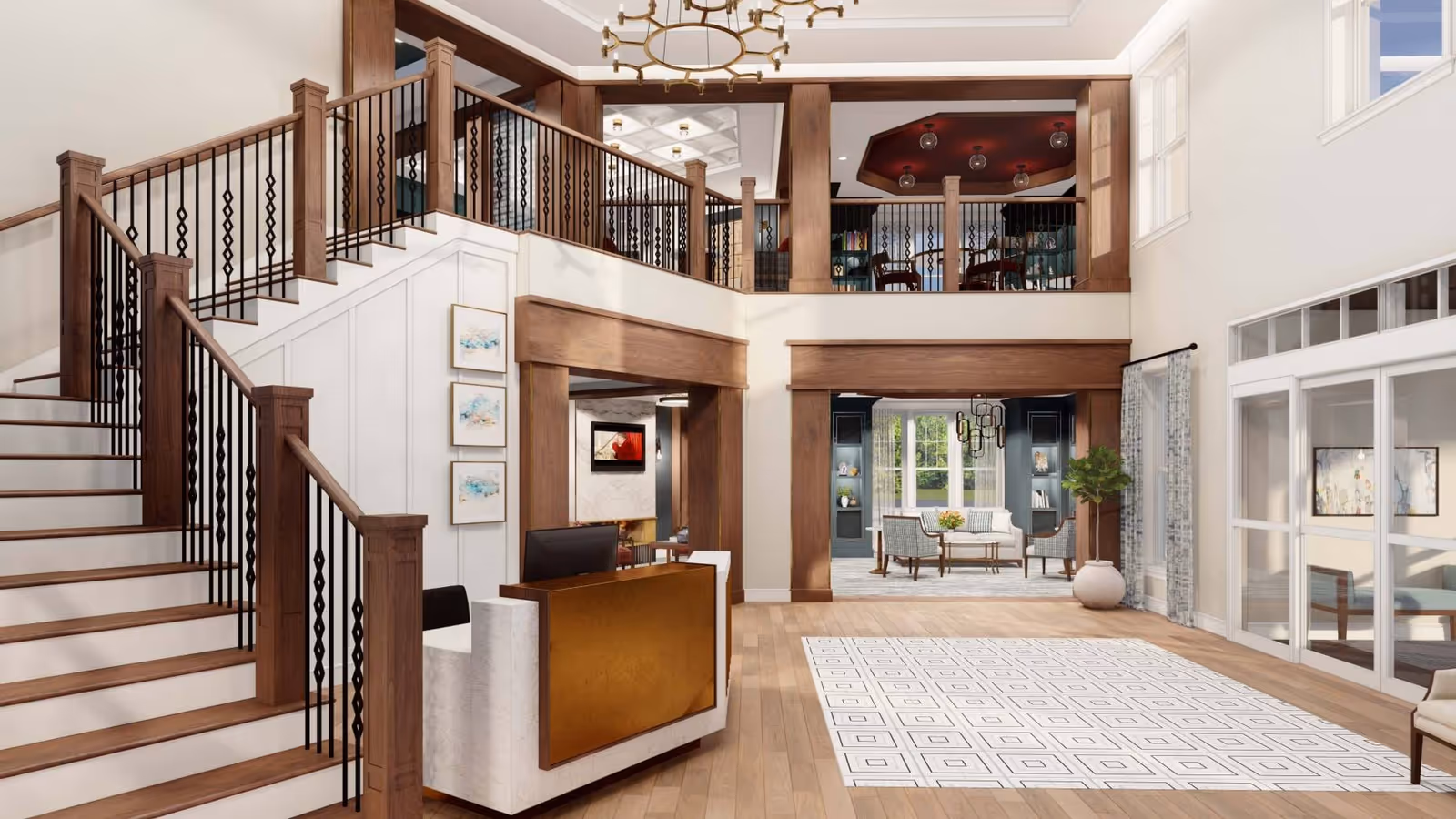 Spacious two-story lobby with a grand wooden staircase, reception desk, and seating areas.