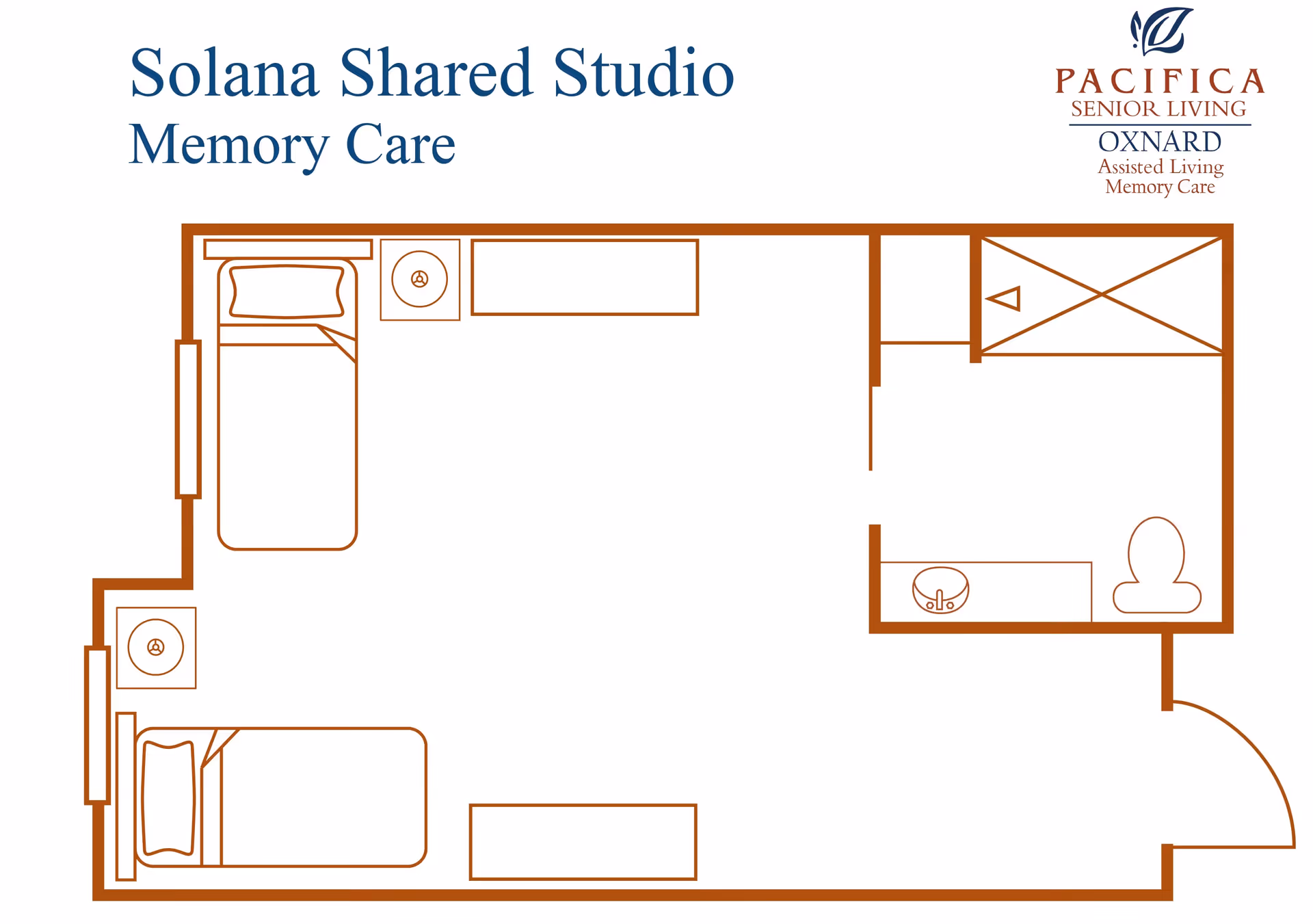 Floor plan of Solana Shared Studio Memory Care unit showing two beds, two nightstands, a dresser, a bathroom with a shower, toilet, and sink, and an entry door.