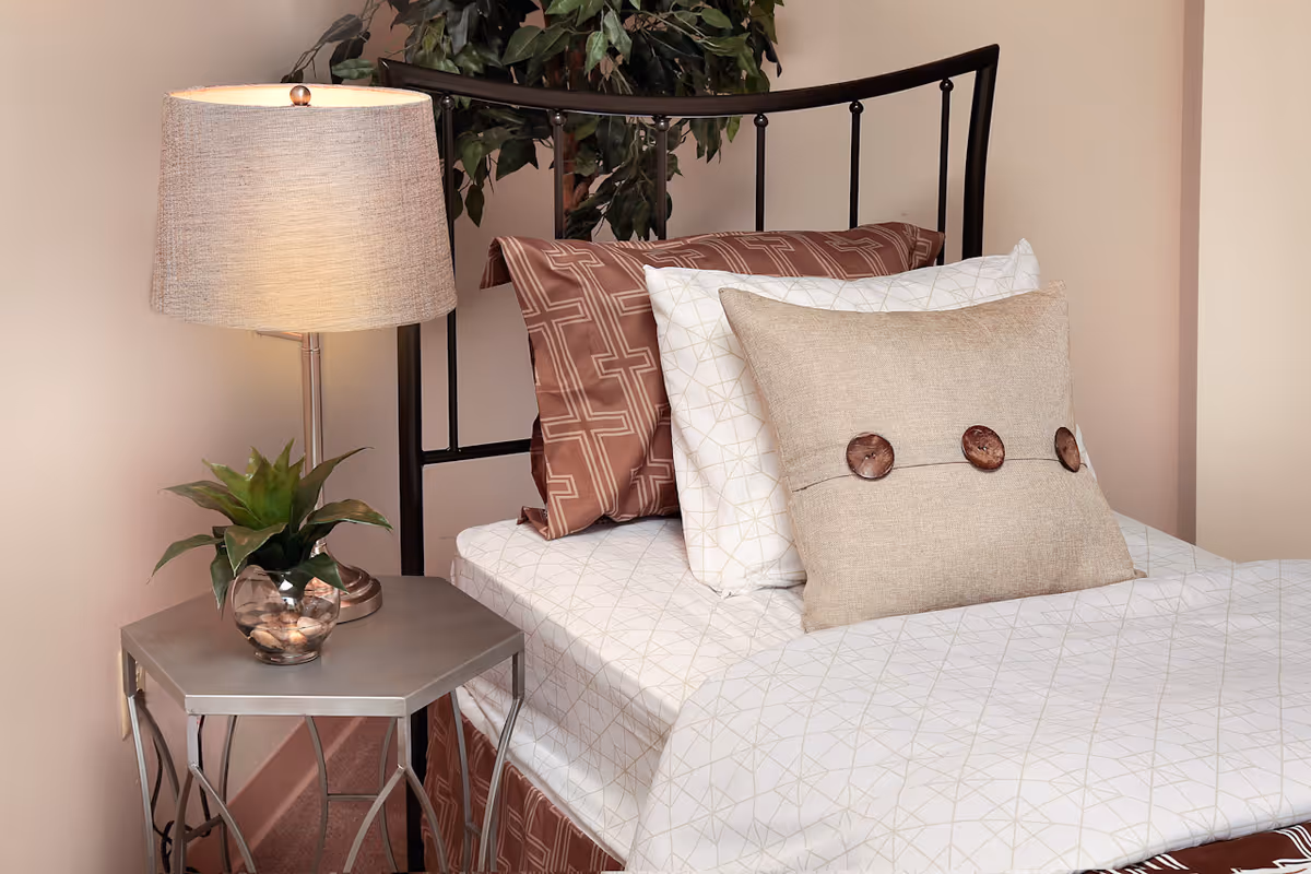 Neatly made single bed with decorative pillows and a black metal headboard next to a bedside table with a lamp and a small plant.