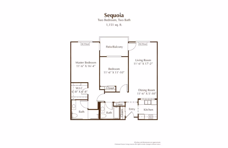 Floor plan of the Sequoia apartment at Oakmont of Montecito, featuring two bedrooms and two bathrooms with a total area of 1,151 square feet. The layout includes a master bedroom with walk-in closet, a second bedroom, two bathrooms, a living room, dining room, kitchen, entry, linen closet, and a patio/balcony. The dimensions of each room are labeled.