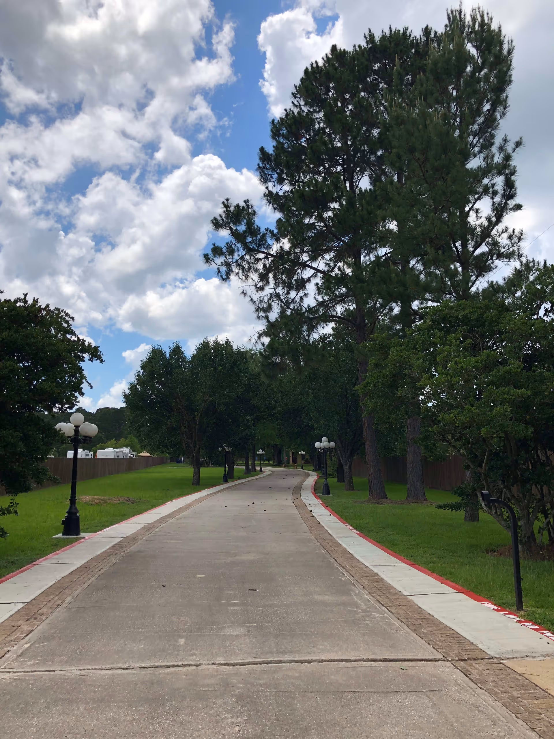 A tree-lined concrete driveway with lamp posts and grassy sides under a partly cloudy sky.