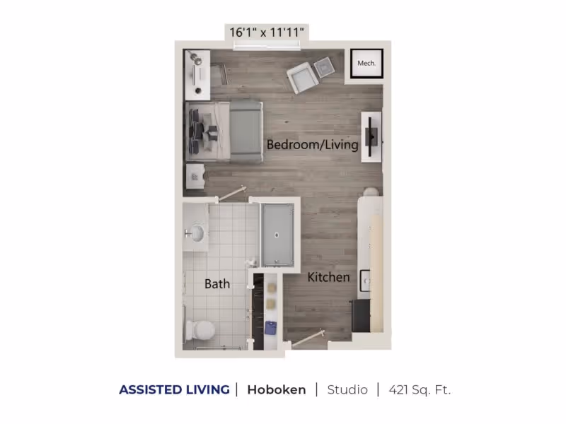 Floor plan of a studio assisted living apartment named Hoboken, 421 square feet, showing a combined bedroom and living area with a bed, chair, and TV, a kitchen area with appliances and counter space, and a bathroom with a sink, toilet, and bathtub.
