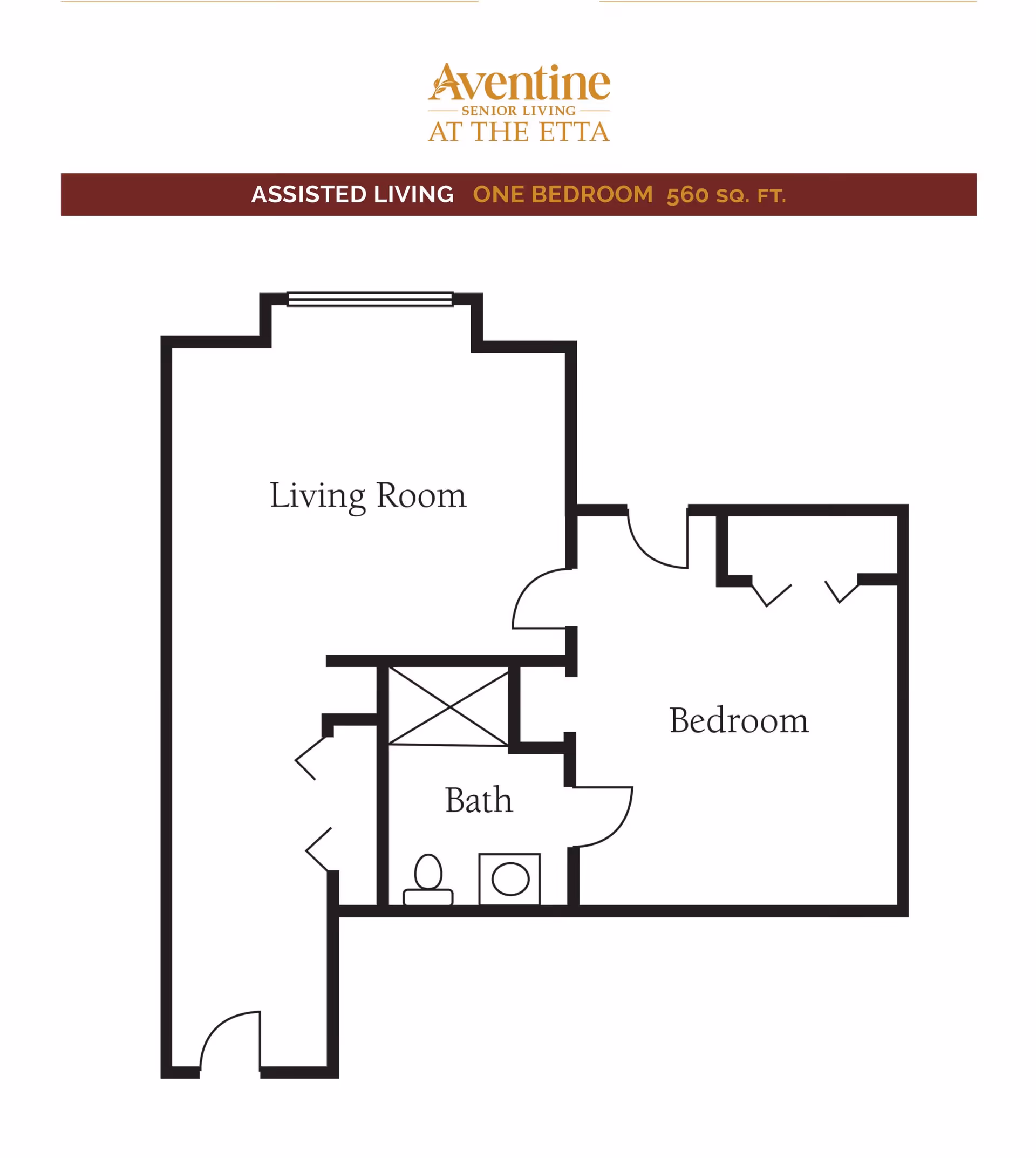 Floor plan of a one-bedroom assisted living unit showing a living room, bedroom, and bathroom with fixtures including a toilet and sink.