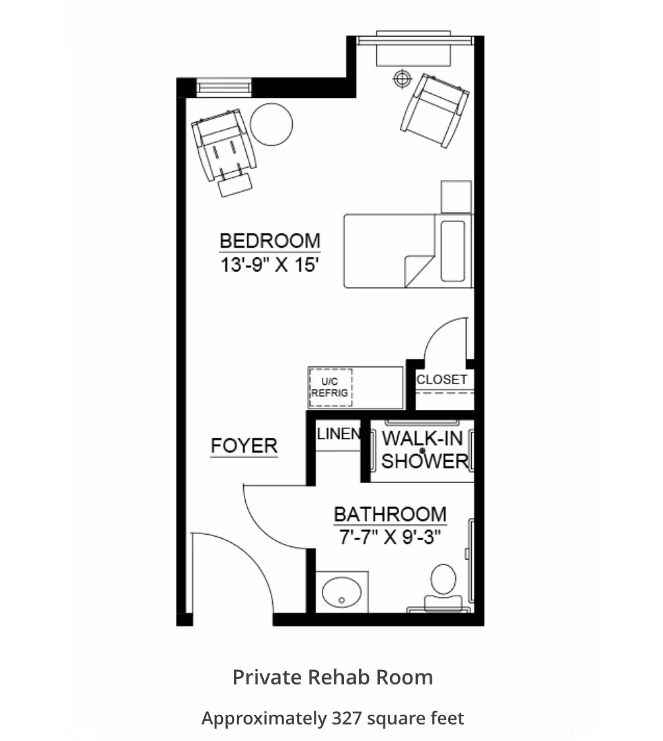 Black-and-white floor plan of a private rehab room showing a 13'-9" x 15' bedroom, foyer, bathroom with walk-in shower, closet and furniture layout.