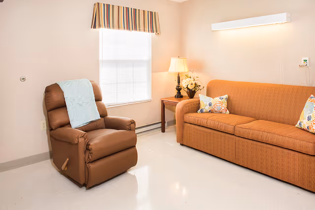 A cozy living room area featuring a brown recliner chair with a light blue throw draped over it, an orange sofa with two patterned pillows, a wooden side table with a lamp and a flower arrangement, and a window with blinds and a striped valance.