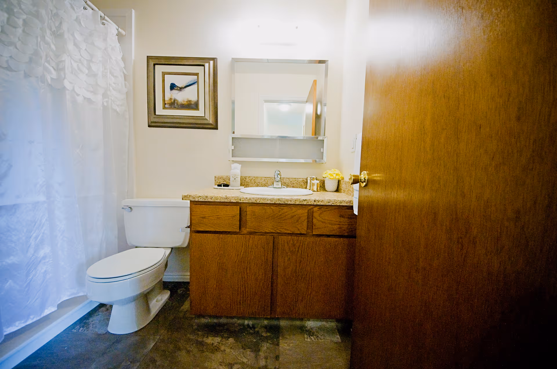 A bathroom with a white toilet, a wooden vanity with a sink and countertop, a mirror above the sink, a framed picture on the wall, and a shower with a white curtain.