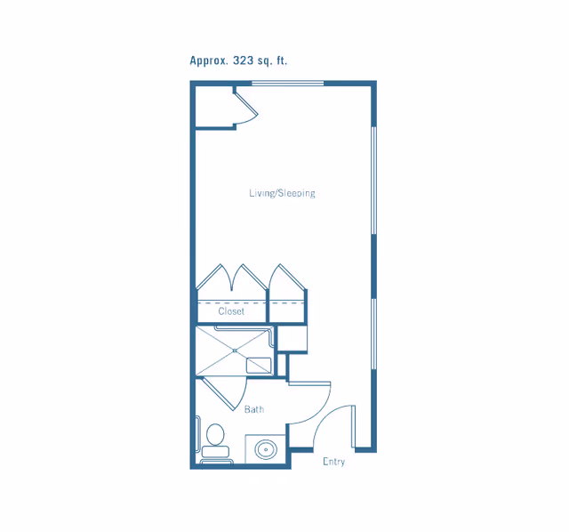 Floor plan of a studio apartment at Merrill Gardens at Ballard showing an entryway leading to a combined living and sleeping area, a closet, and a bathroom with a toilet, sink, and shower. The total area is approximately 323 square feet.
