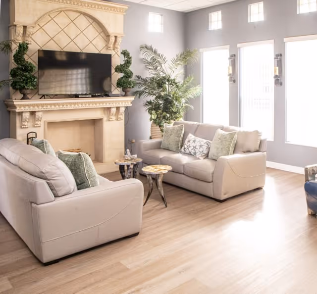 Sunlit living room with two beige sofas facing a TV mounted above a decorative fireplace, potted plants, and small accent tables.