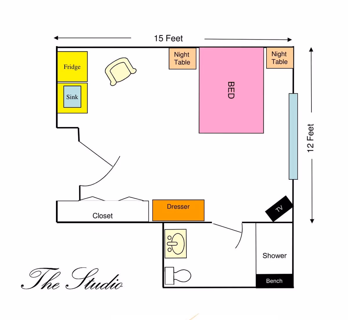 Floor plan of a studio apartment showing a bed with two night tables, a dresser, a closet, a small kitchen area with a fridge and sink, a chair, a TV, and a bathroom with a sink, toilet, shower, and bench. The room dimensions are 15 feet by 12 feet.