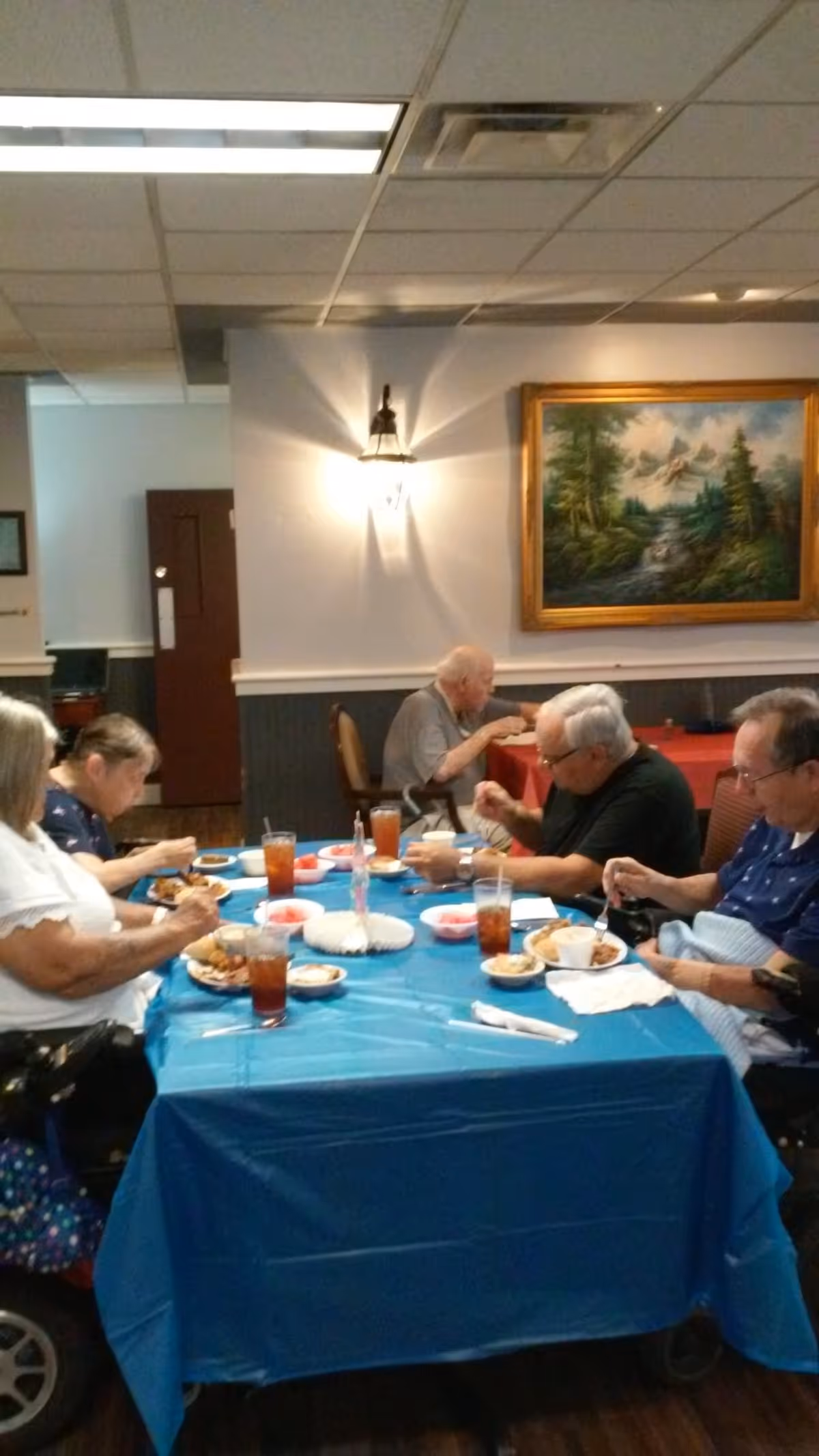 Four elderly people sitting around a table covered with a blue tablecloth, eating a meal together in a dining room. The table has plates of food, glasses of iced tea, and bowls of watermelon. The room has a painting on the wall and a wall-mounted light fixture.
