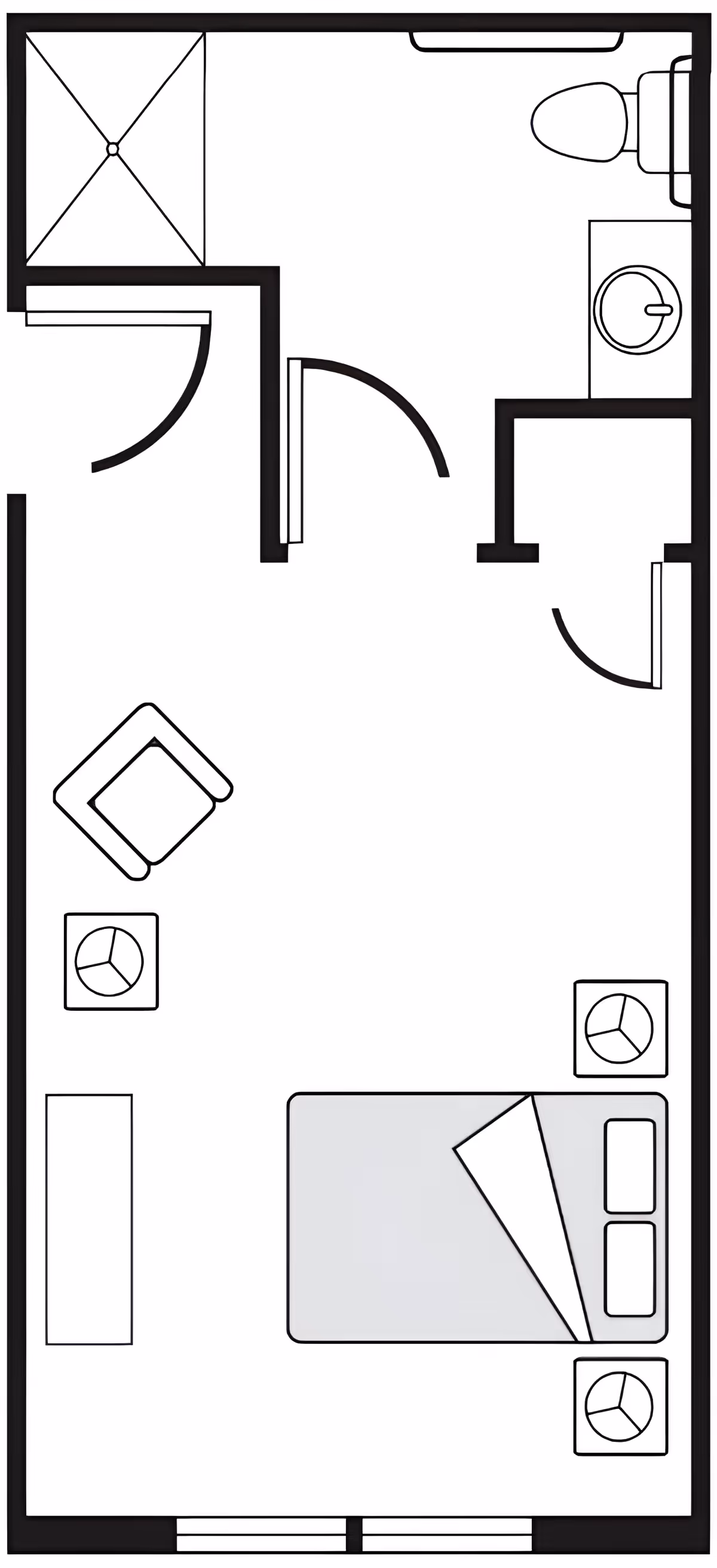 Floor plan of a senior living unit featuring a bedroom area with a bed, three nightstands, a chair, and a dresser. The unit includes a bathroom with a shower, toilet, and sink, accessible through a door from the main room.