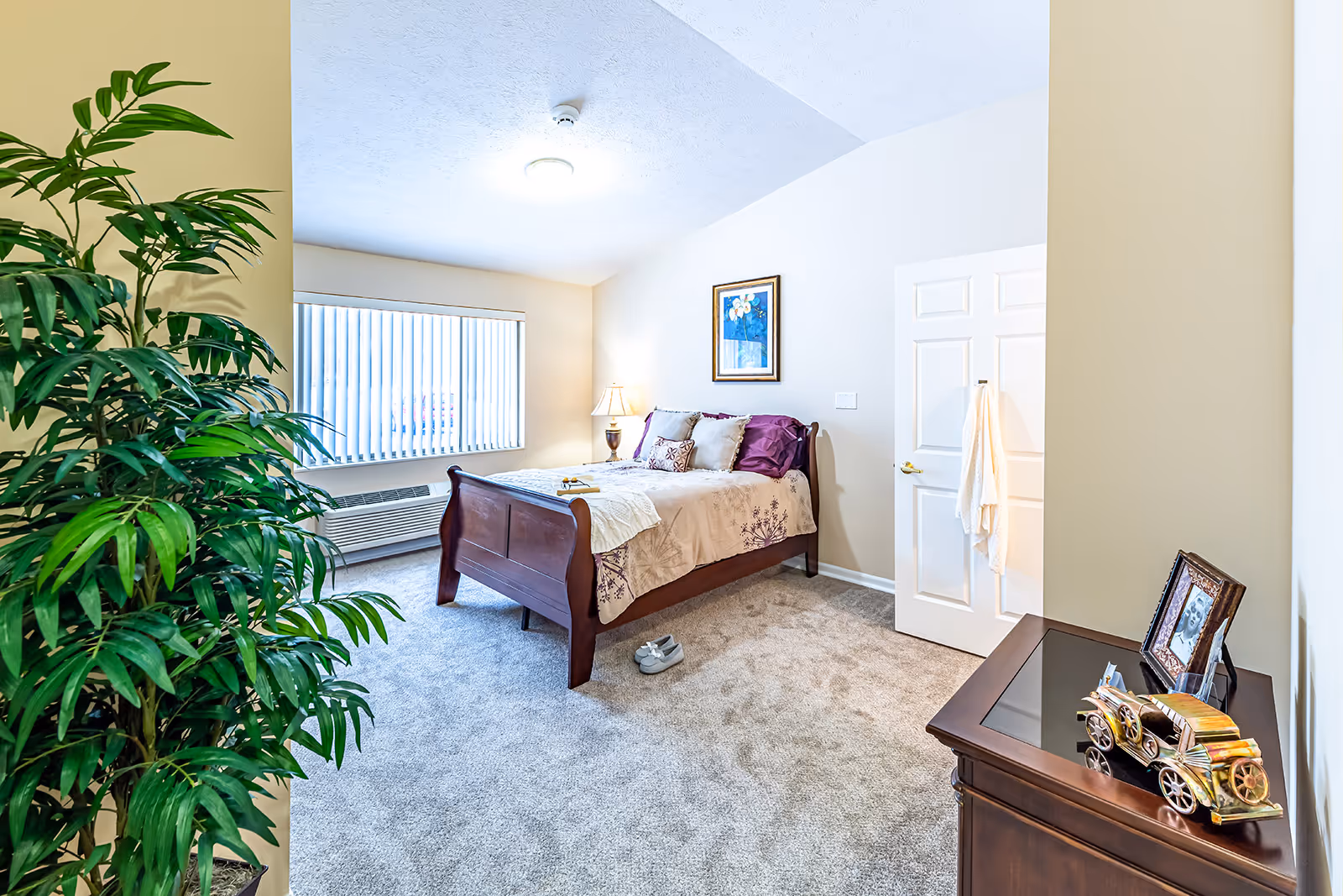 A bright and cozy bedroom with a wooden bed adorned with beige and purple bedding, a bedside lamp, a framed picture on the wall, a white door with a towel hanging on the handle, a wooden dresser with a decorative vintage car and a framed photo, and a large green plant near the entrance. The room has carpeted flooring and a large window with vertical blinds.
