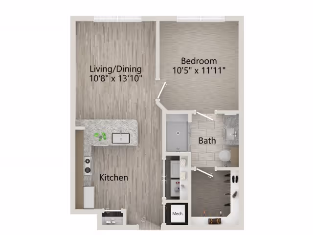 Floor plan of a senior living apartment at Overture Cary showing a combined living and dining area measuring 10 feet 8 inches by 13 feet 10 inches, a kitchen area, a bedroom measuring 10 feet 5 inches by 11 feet 11 inches, a bathroom, and a mechanical room.