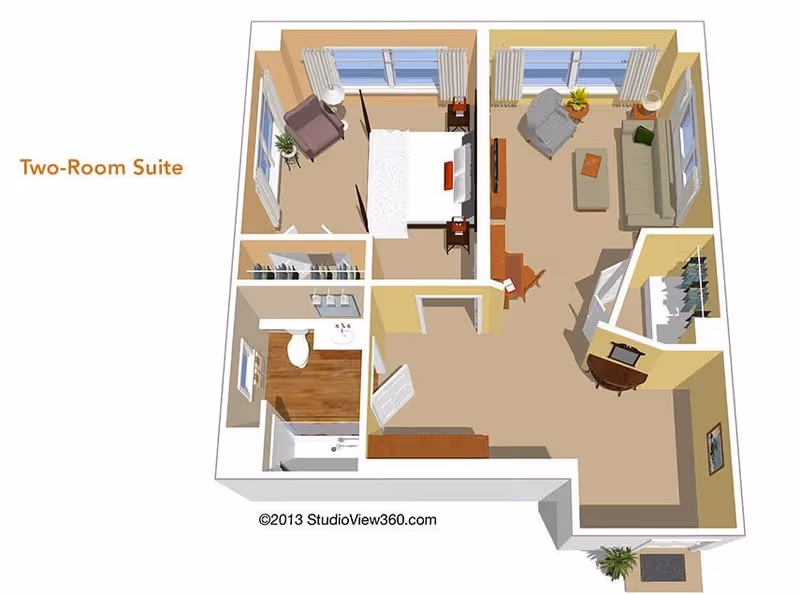 3D floor plan of a two-room suite showing a bedroom with a bed, nightstands, and a chair; a living room with a sofa, armchair, coffee table, TV, and desk; a bathroom with a toilet, sink, and bathtub; and closets. The suite has windows with curtains and some decorative plants.