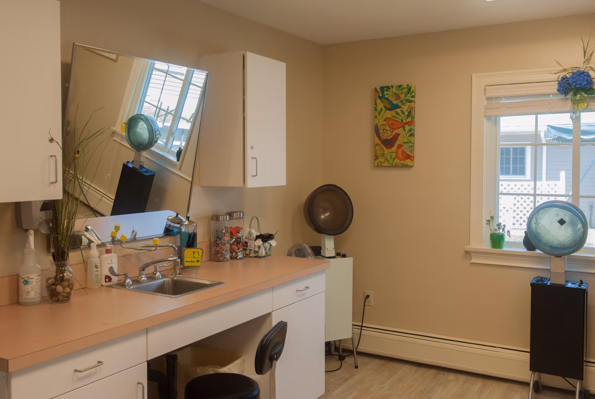 Interior room with a countertop and sink, a large mirror reflecting a window, cabinets above and below the counter, a black stool, a hair dryer chair, a window with a small plant on the sill, and a colorful bird-themed wall decoration.