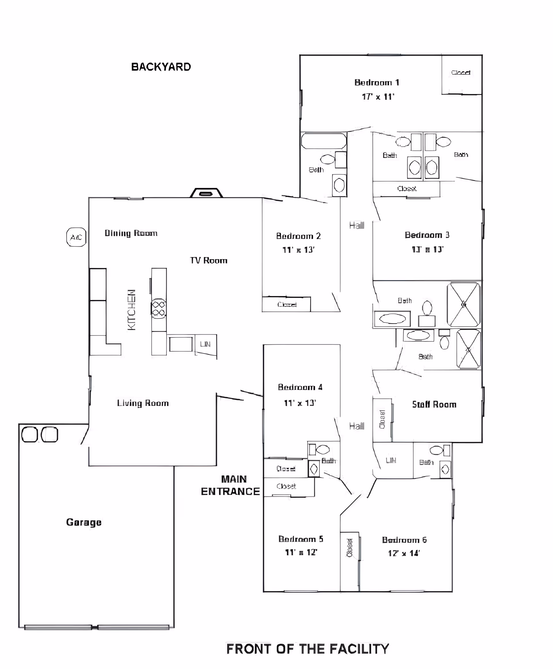 Black-and-white floor plan of an assisted living facility showing labeled rooms (living room, kitchen, dining room, TV room, six bedrooms, staff room, bathrooms, garage) and the main entrance.