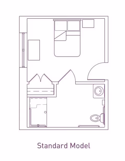 Architectural floor plan of a standard model room showing a bedroom with a bed and nightstand, a closet, and an attached bathroom with a shower, toilet, and sink.