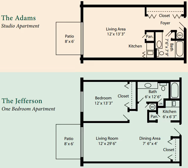Two labeled apartment floor plans — "The Adams" studio and "The Jefferson" one‑bedroom — showing room layouts, dimensions, patios, and closets.
