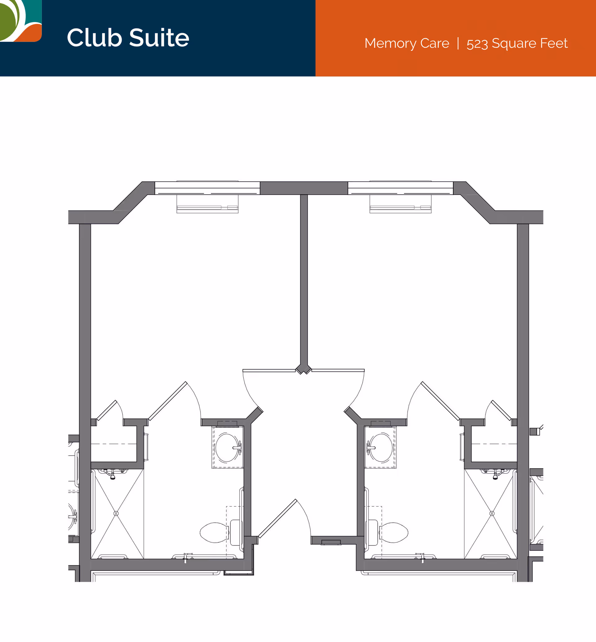 Floor plan diagram of a Club Suite memory care unit with two mirrored rooms, each with a bathroom, and a central entry.