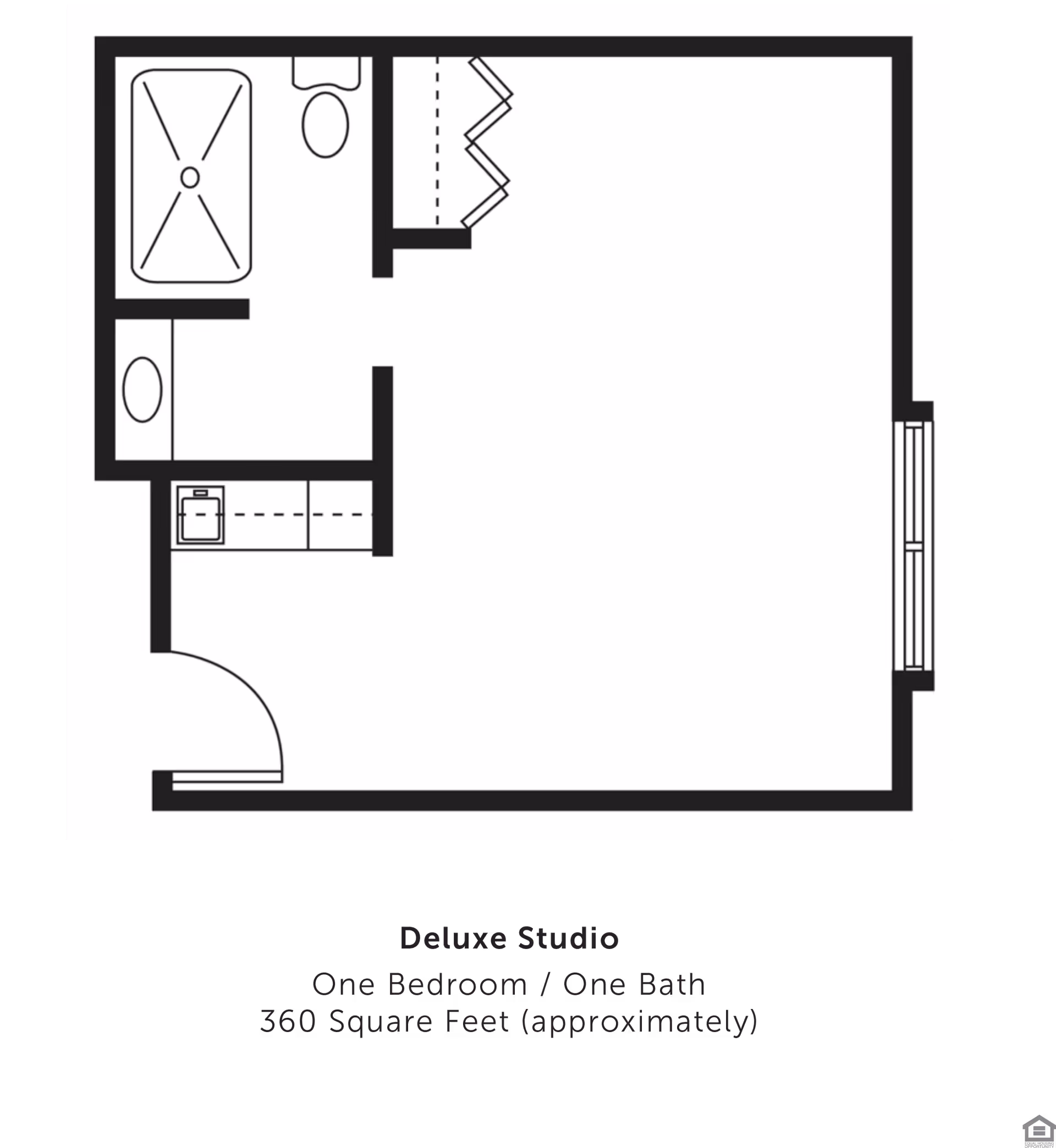Floor plan of a deluxe studio apartment with one bedroom and one bathroom, approximately 360 square feet. The layout includes a bathroom with a bathtub, toilet, and sink, a closet, and an open living/sleeping area with a window on one side.