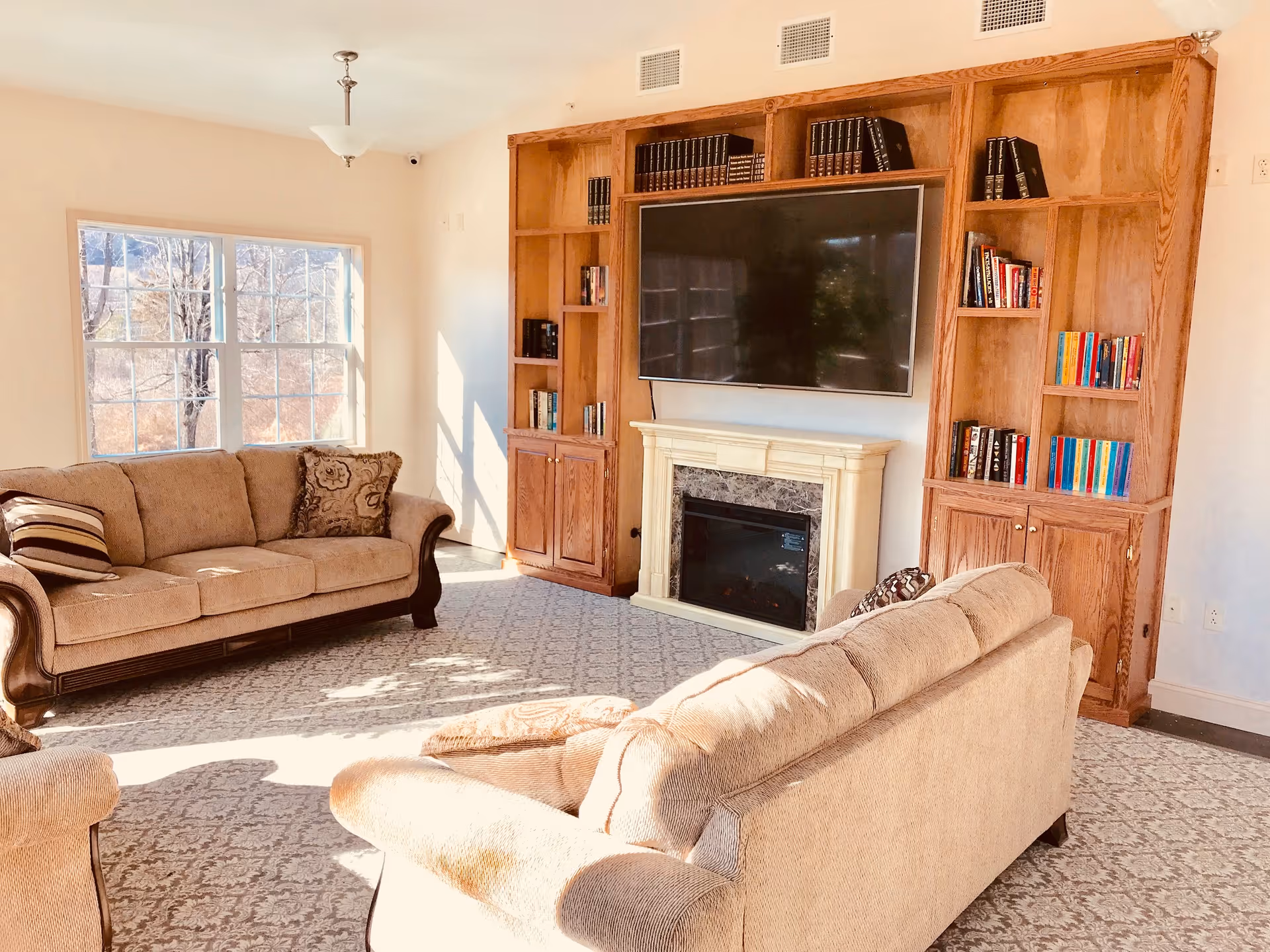 Sunlit living room with two sofas facing a wall-mounted TV above a fireplace flanked by built-in wooden bookshelves.