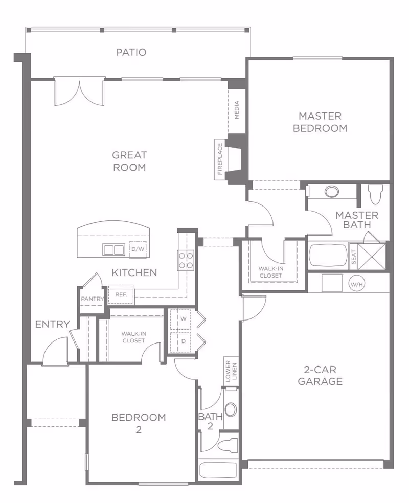 Architectural floor plan of a residential unit at Valencia Terrace showing a layout with a master bedroom, master bath, second bedroom, second bathroom, kitchen, great room, patio, walk-in closets, pantry, laundry area, and a 2-car garage.