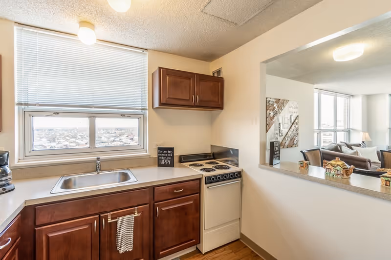 A compact kitchen area with wooden cabinets, a stainless steel sink under a window with blinds, a small electric stove, and a countertop that opens to a living room with large windows and a sofa.