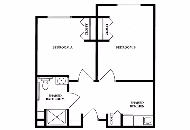 Floor plan of a senior living unit at Clarks Summit Senior Living showing two bedrooms labeled Bedroom A and Bedroom B, each with closets. There is a shared bathroom with a toilet, sink, and shower, and a shared kitchen area with a closet and a sink.
