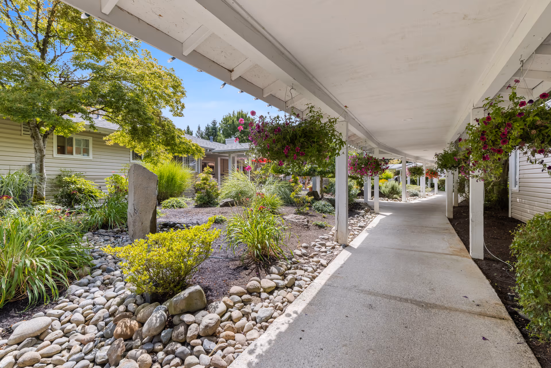 Covered outdoor walkway with white pillars and hanging flower baskets on the right side. On the left side, there is a landscaped garden area with rocks, bushes, and trees. Residential-style buildings are visible in the background under a clear blue sky.
