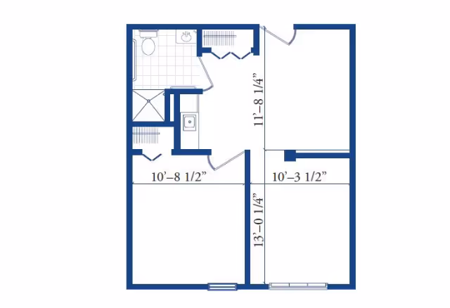 Architectural floor plan of a senior living unit at Charter Senior Living of Pekin, showing a layout with two rooms, a bathroom with a shower, toilet, and sink, and a small hallway with closet spaces.