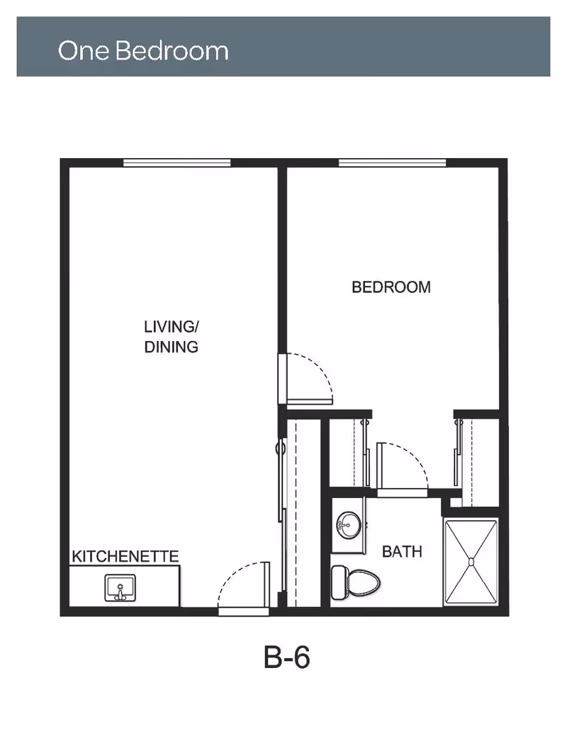 Floor plan labeled One Bedroom showing a layout with a living/dining area, kitchenette, bedroom, and bathroom. The kitchenette is adjacent to the living/dining area. The bedroom is next to the bathroom, which includes a sink, toilet, and shower. The floor plan is labeled B-6.