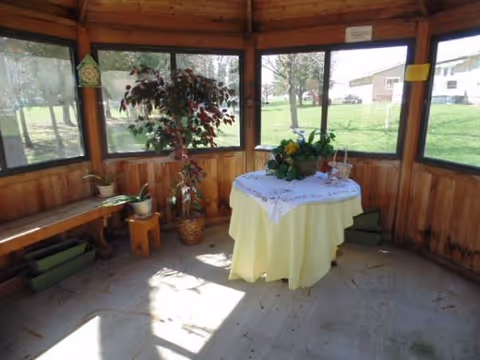 Sunlit enclosed porch with a round table, yellow tablecloth, and potted plants.