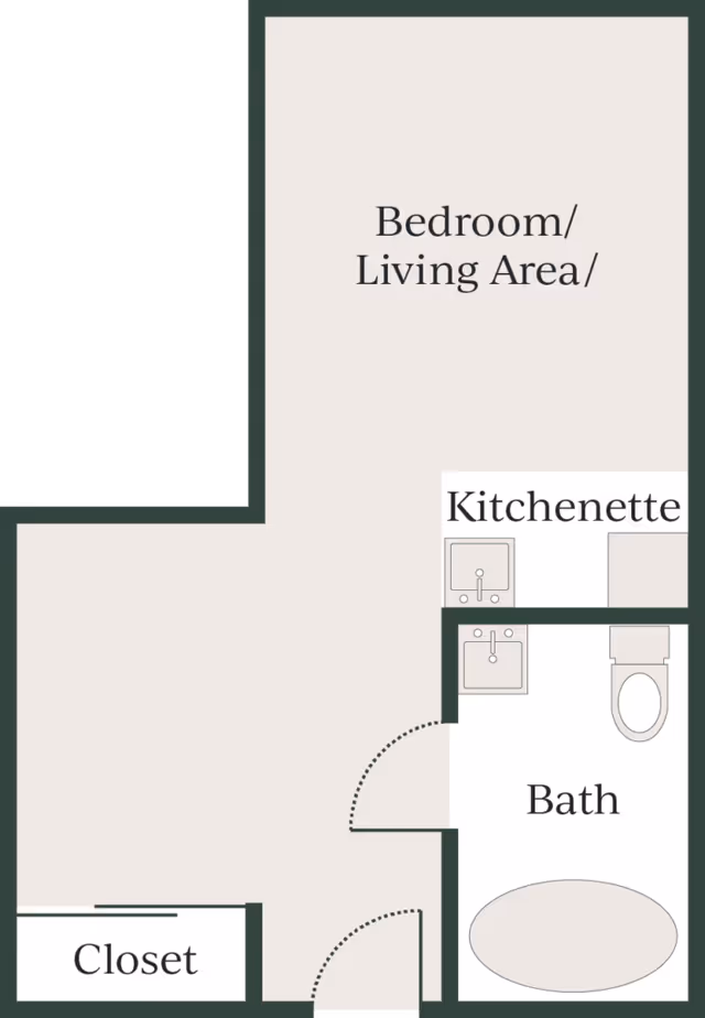 Floor plan layout showing a combined bedroom and living area, a kitchenette, a bathroom with a sink and toilet, and a closet.