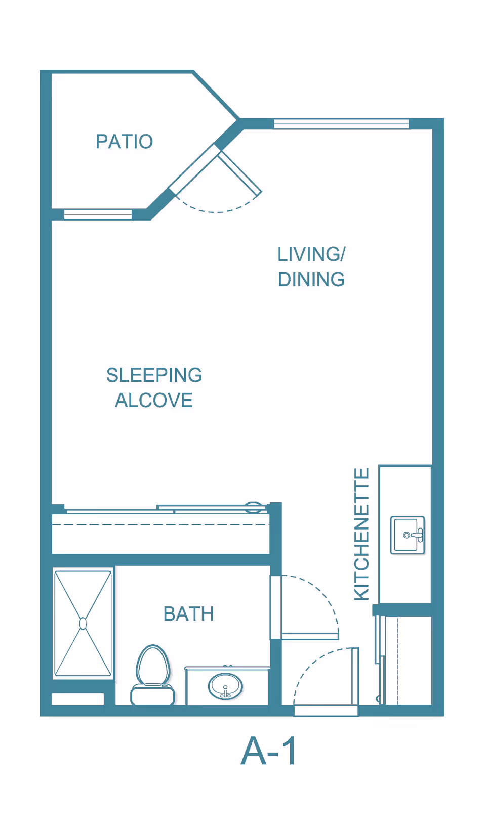 Floor plan labeled A-1 showing a studio layout with a patio, living/dining area, sleeping alcove, kitchenette, and bath.