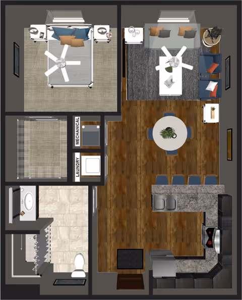 Top-down floor plan of a one-bedroom apartment showing a bedroom with a bed and nightstands, a living room with a sofa, chairs, and coffee table, a dining area with a round table and chairs, a kitchen with appliances and countertops, a bathroom with a bathtub and toilet, a laundry area, and a mechanical room.
