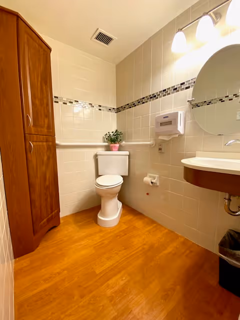 A clean bathroom with a white toilet, a wooden cabinet on the left, a white sink with a round mirror above it on the right, and a small potted plant placed on top of the toilet tank. The walls are tiled with beige tiles and a decorative horizontal strip of smaller tiles. The floor has a wood-like finish. There is a paper towel dispenser and a toilet paper holder mounted on the wall.