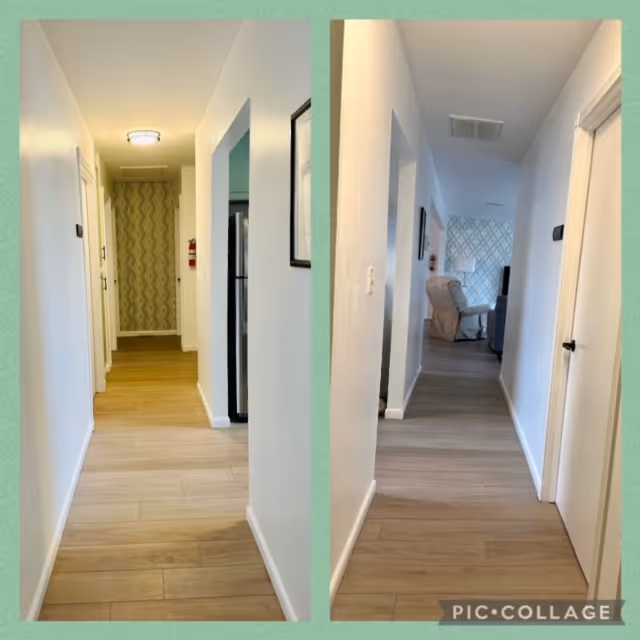 Two views of a hallway in an assisted living facility with light wood flooring and white walls. The left image shows a hallway with a ceiling light and patterned wallpaper at the end. The right image shows a similar hallway leading to a living area with a recliner chair and patterned wallpaper in the background.