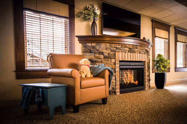 A cozy living room area with a tan armchair that has a small stuffed dog and a blue blanket on it. Next to the chair is a small blue table with a folded blanket underneath. The room features a stone fireplace with a fire burning and a flat-screen TV mounted above it. There are windows with wooden blinds and a potted plant near the fireplace.