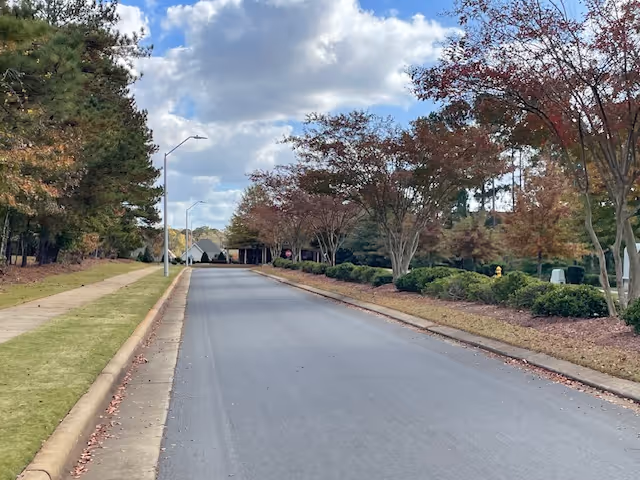 A paved road lined with trees and bushes on both sides under a partly cloudy sky. There is a sidewalk on the left side and a street lamp. The scene appears to be in a suburban or residential area with some houses visible in the distance.