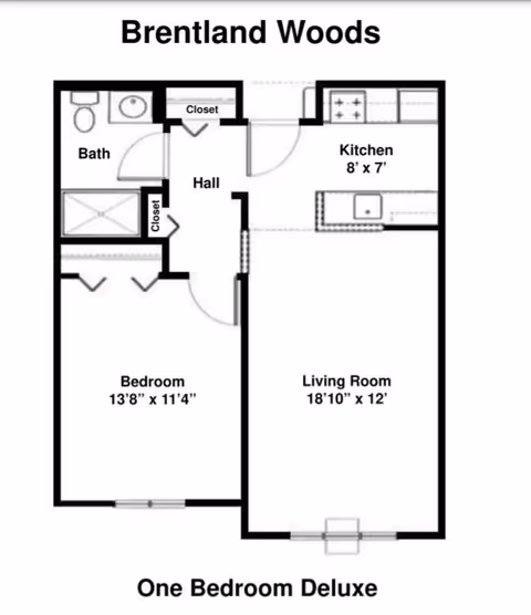 Black-and-white floor plan titled "Brentland Woods" showing a one-bedroom deluxe layout with a living room, kitchen, bedroom, bathroom, hall, and closets.