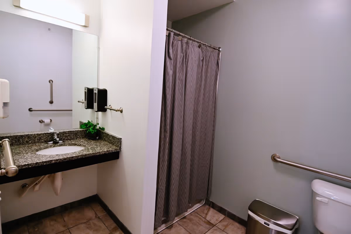 A bathroom with a granite countertop sink, a large mirror, a soap dispenser, a small green plant, a shower with a gray patterned curtain, a toilet with a grab bar, and a stainless steel trash can on tiled floor.