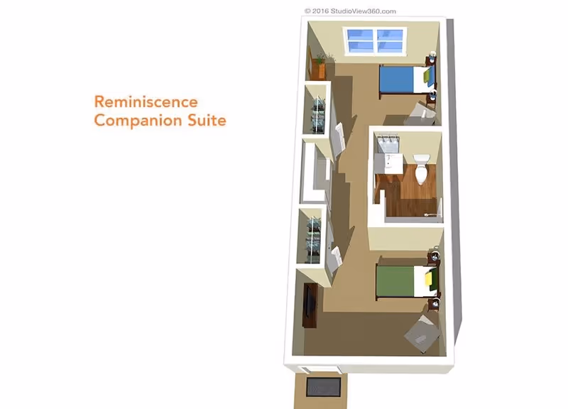 3D floor plan of a Reminiscence Companion Suite showing two separate bedrooms each with a bed, nightstand, and chair, a shared bathroom with a sink and toilet, and a hallway with closets.