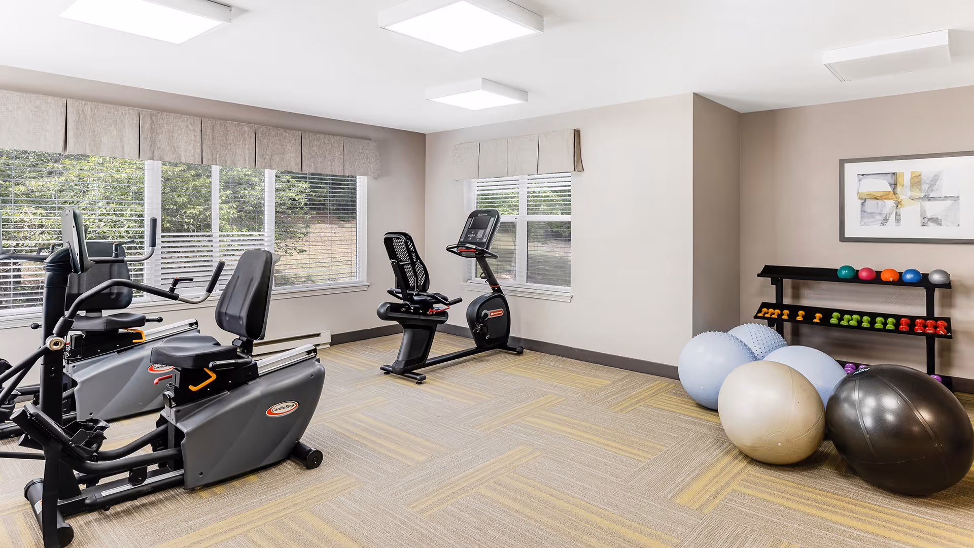 A fitness room with exercise equipment including two recumbent stationary bikes, a rack of colorful dumbbells, and several large exercise balls. The room has large windows with beige valances, light-colored walls, and a framed abstract painting on one wall.
