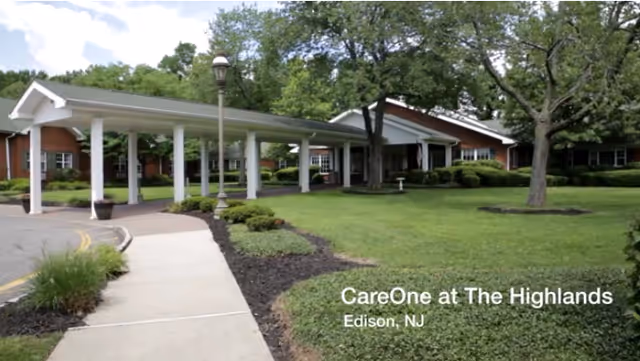 CareOne at The Highlands exterior with a covered entrance and manicured lawn.