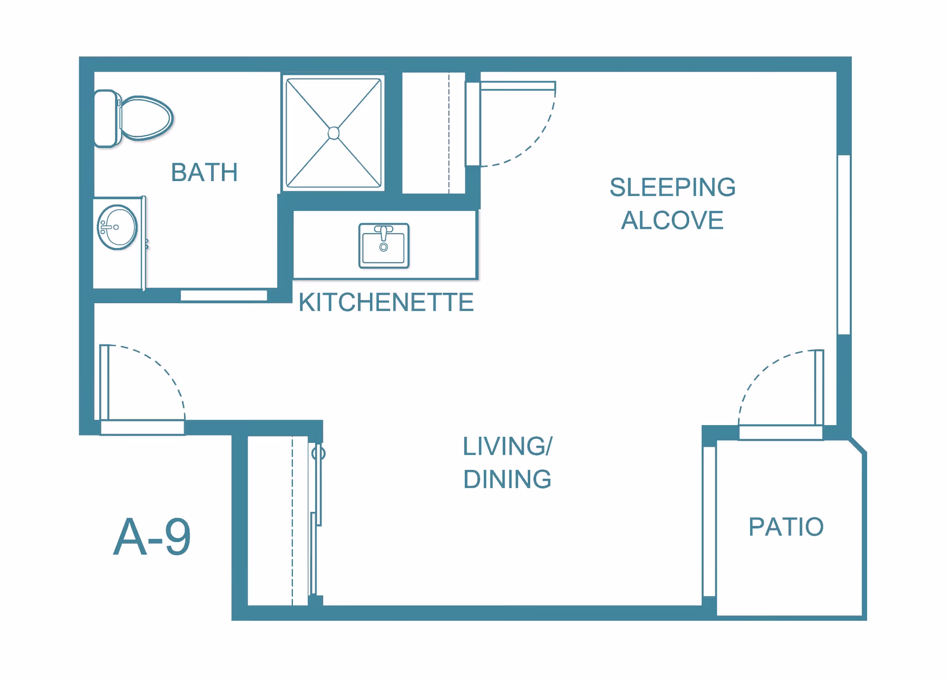 Floor plan layout of a senior living unit labeled A-9 at The Hampshire - A Provincial Senior Living Community, showing a bath with toilet and sink, a kitchenette with a sink, a sleeping alcove, a combined living and dining area, and a patio.