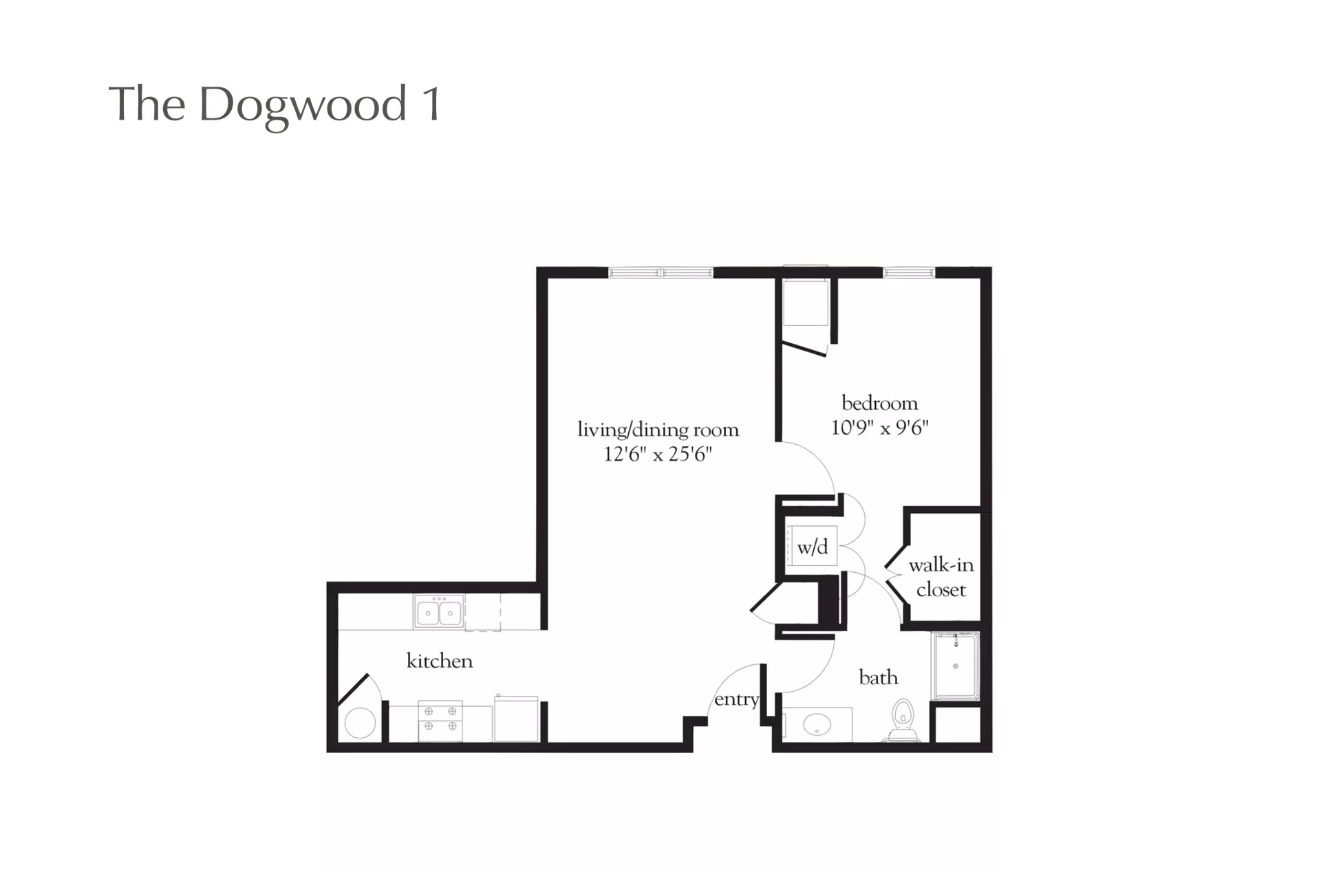 Floor plan titled The Dogwood 1 showing a layout with a kitchen, living/dining room, bedroom, walk-in closet, bathroom, washer/dryer area, and entry.