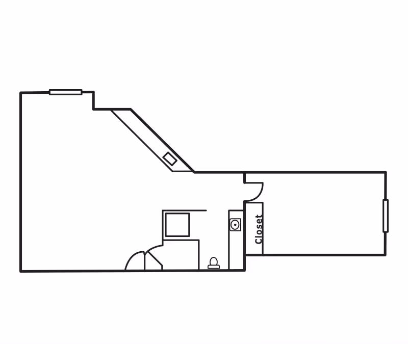 Black and white floor plan layout of a living space including a closet, bathroom with toilet, and multiple rooms with doors and windows.